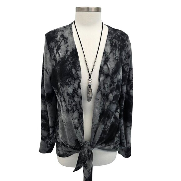 Colleen Lopez Women Open Front Tie Dye Long Sleeve Cardigan Sweater Black Gray M - Picture 1 of 15